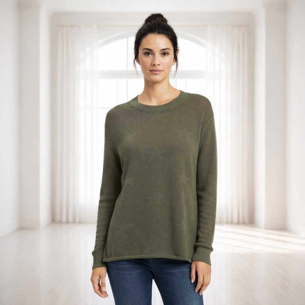 2 for $20 Lightweight Star Knit Sweater Olive Green Subtle Print